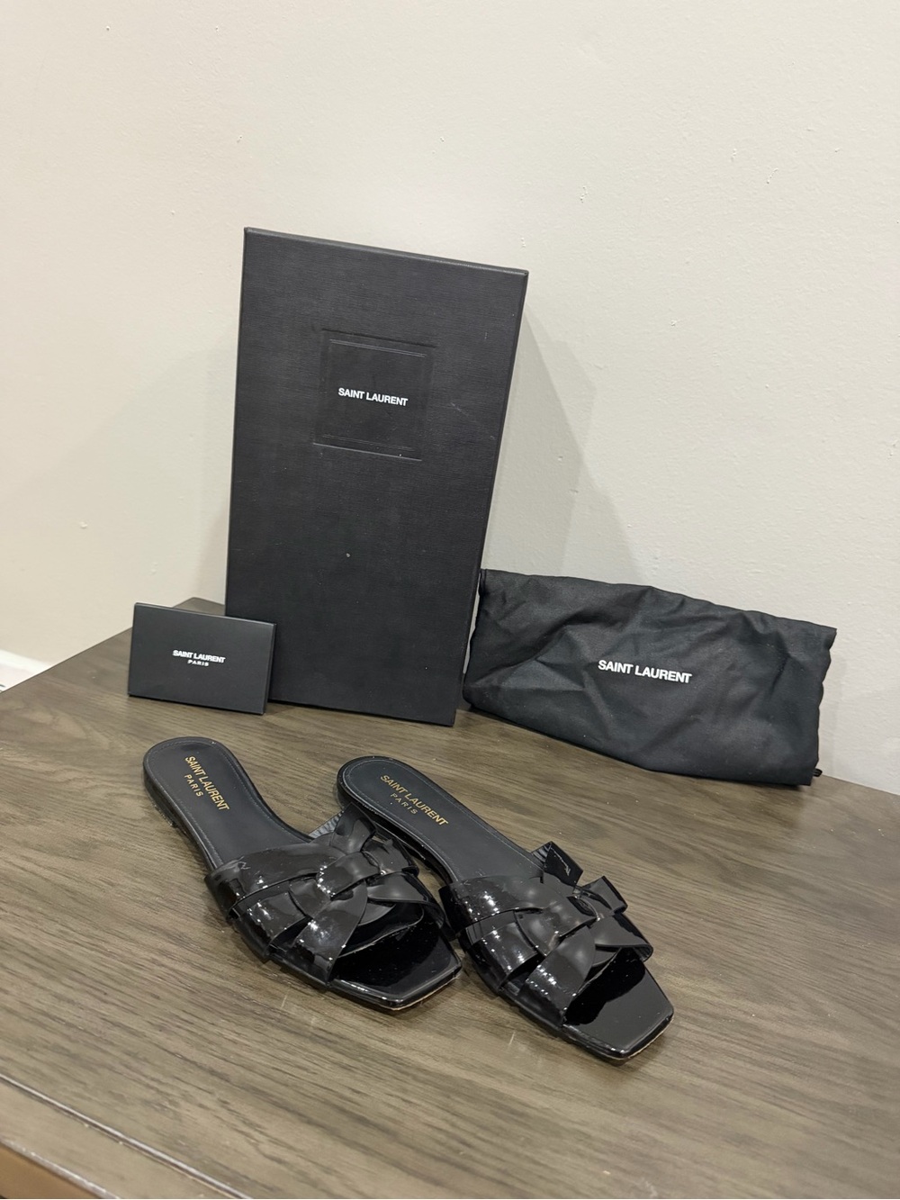 Saint Laurent Women’s Black Patent Leather Slide Sandals